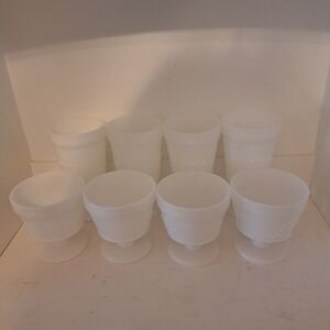 4 Vtg MCM Milk Glass Harvest Grape Goblets & 4 Matching Dessert Pedestal Bowls